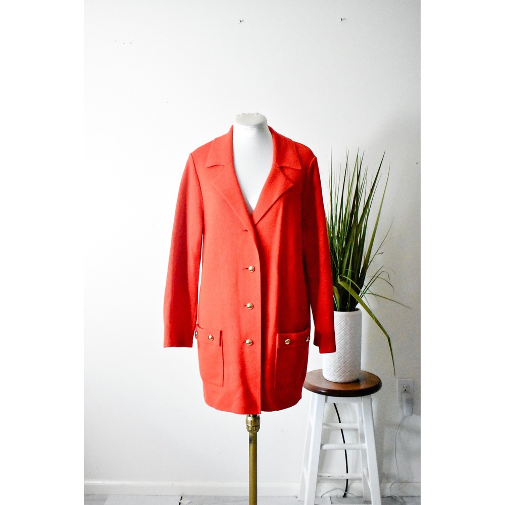 Leray Knitwear Cardigan Coat Women Medium Orange 60s Mod Gold Button Japan